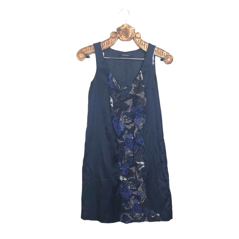 Club Monaco Dress Silk Shift Patterned Ruffle Front Blue Navy Sleeveless 2